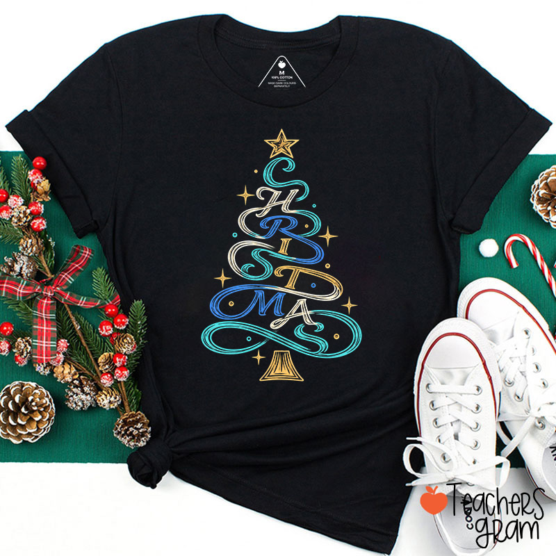 Colorful Swirl Lettering Christmas Tree Teacher T-Shirt