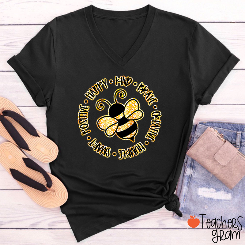 Bee Happy Kind Brave Teacher Female V-Neck T-Shirt