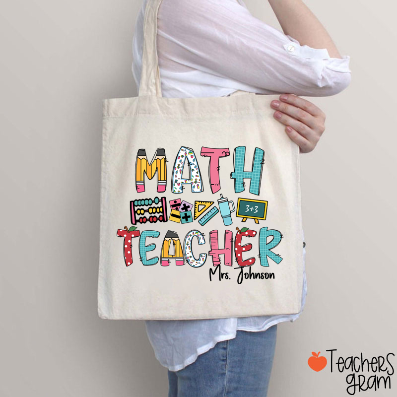 Personalized Math Teacher's Name Cute Math Icon Teacher Tote Bag