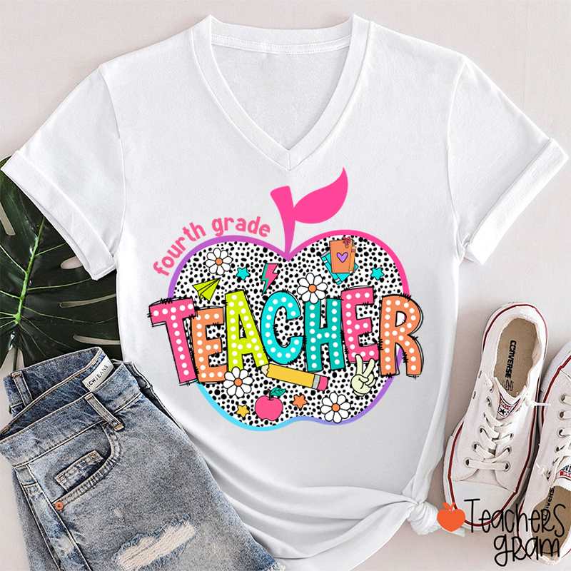 Personalized Neon Leopard Apple Grade Teacher Female V-Neck T-Shirt