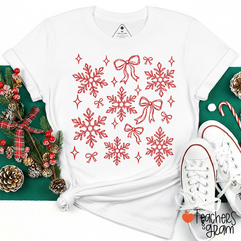 Simple Line Art Snowflake Bow Teacher T-Shirt