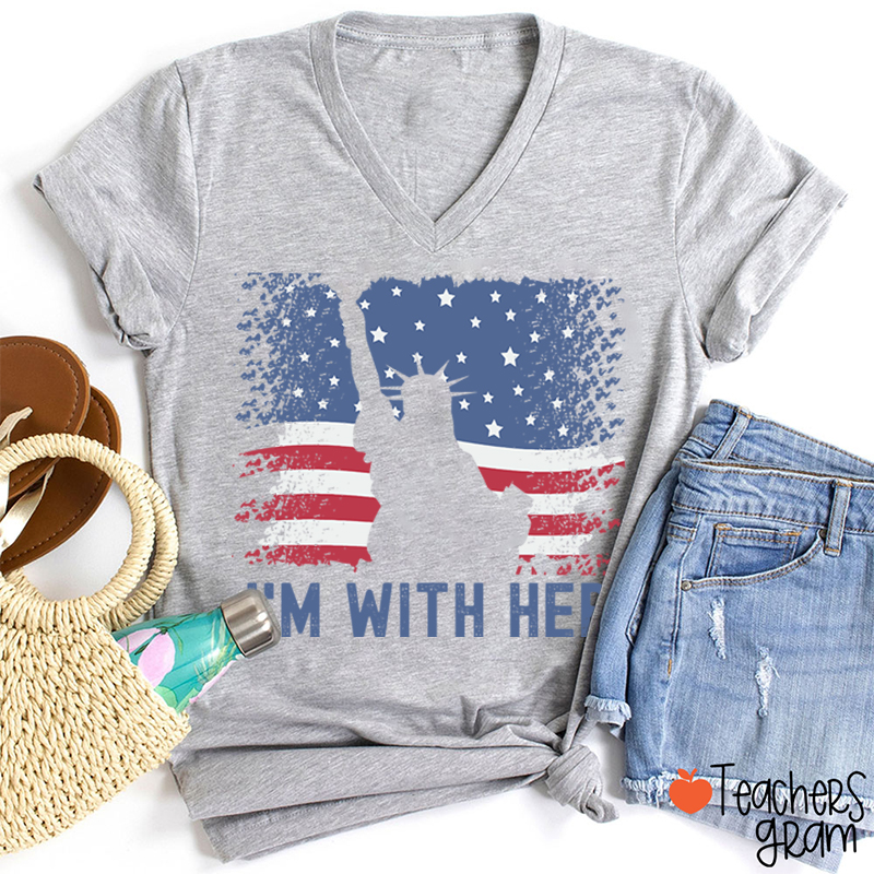 America Flag I'm With Her Teacher Female V-Neck T-Shirt