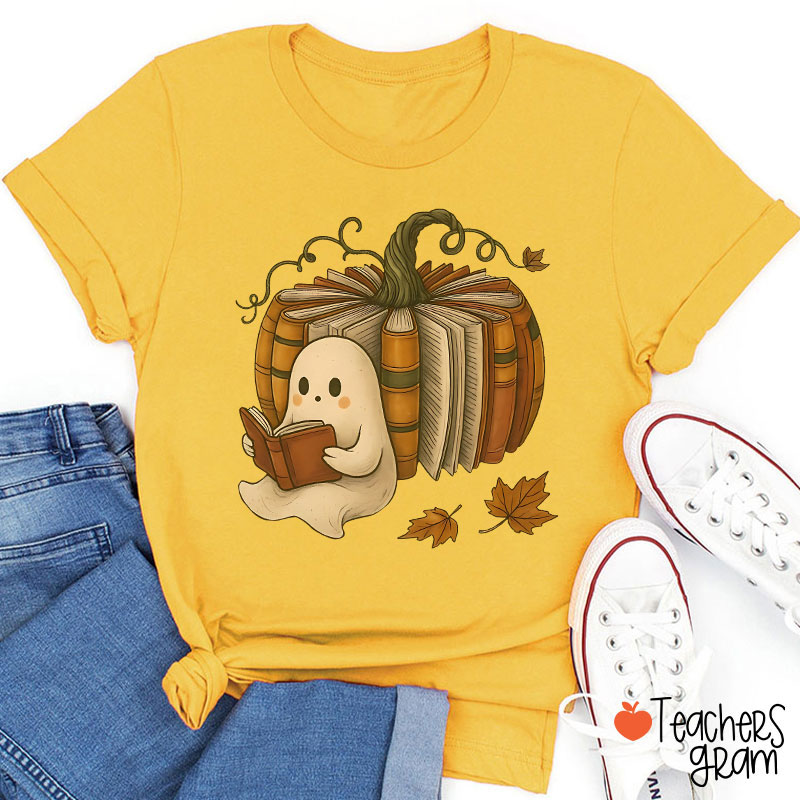 Ghost Reading Book Pumpkin Teacher T-Shirt
