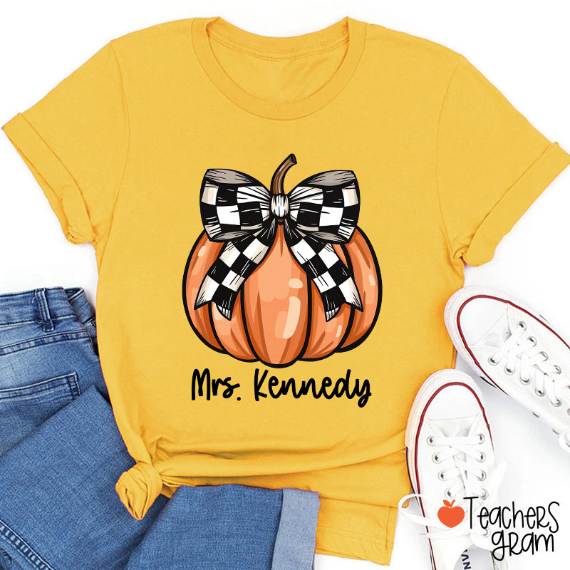 Personalized Name Pumpkin Bow Teacher T-Shirt