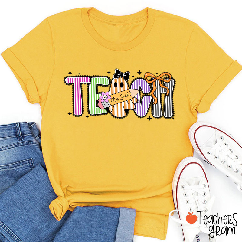 Personalized Name Preppy Teach Boo Ghost Coquette Teacher T-Shirt