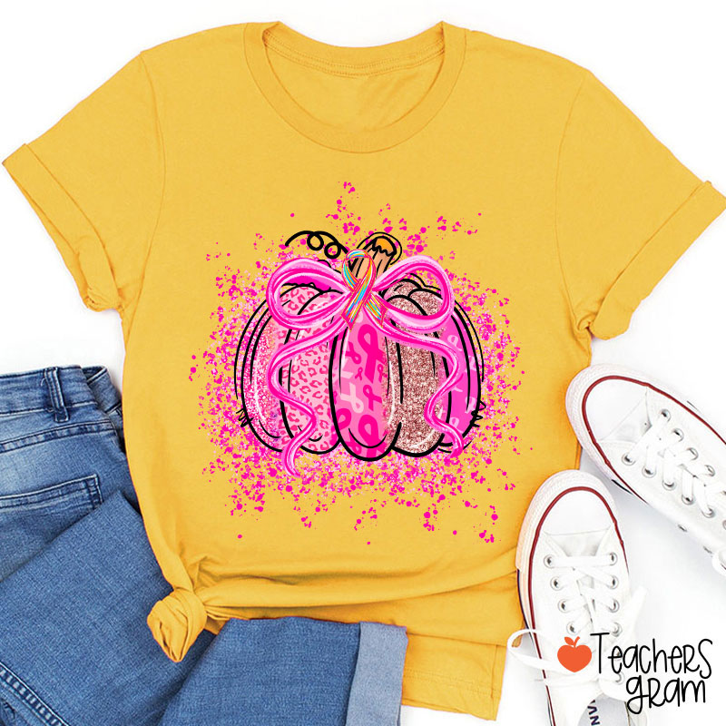 Pumpkin Theme Pink Ribbon Teacher T-Shirt