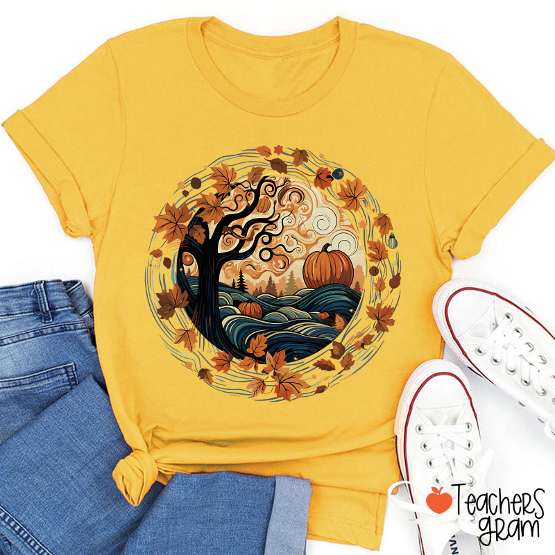 Cottagecore Pumpkins Leaves Trees Fall Vibe Teacher T-Shirt