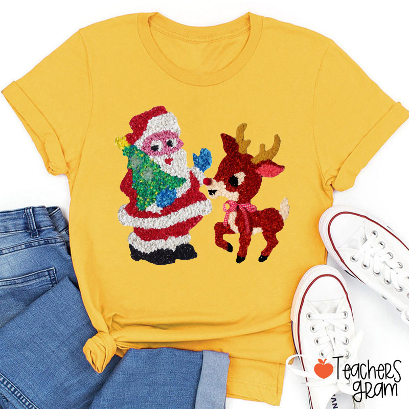 Santa And Rudolph Faux Melted Plastic Teacher T-Shirt