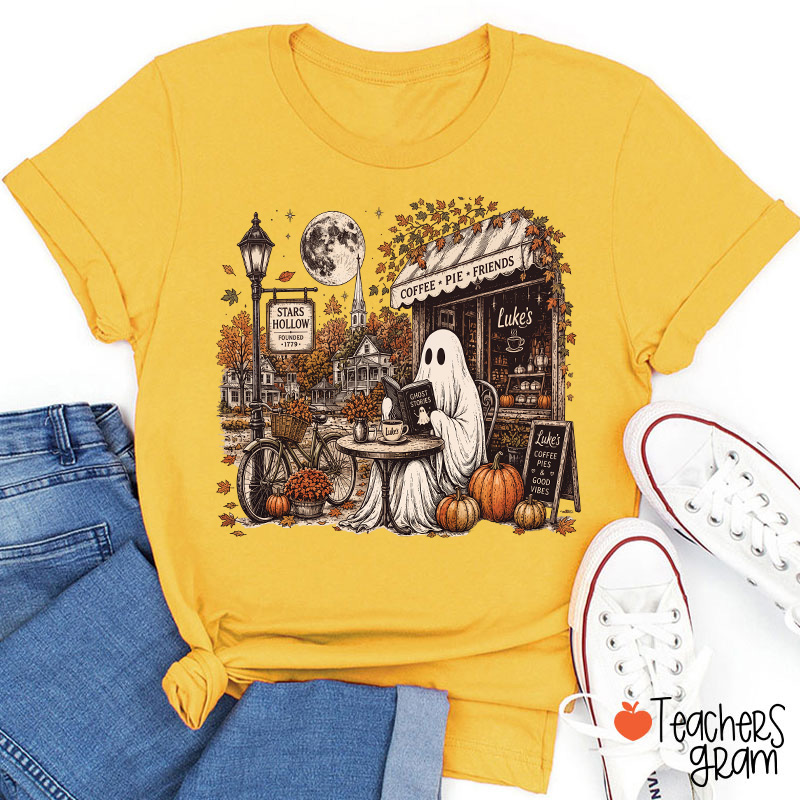 Ghost Reading At Coffee Shop Halloween Teacher T-Shirt