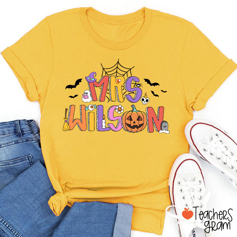 Personalized Name Spider Web Ghost Pumpkin Teacher T-Shirt