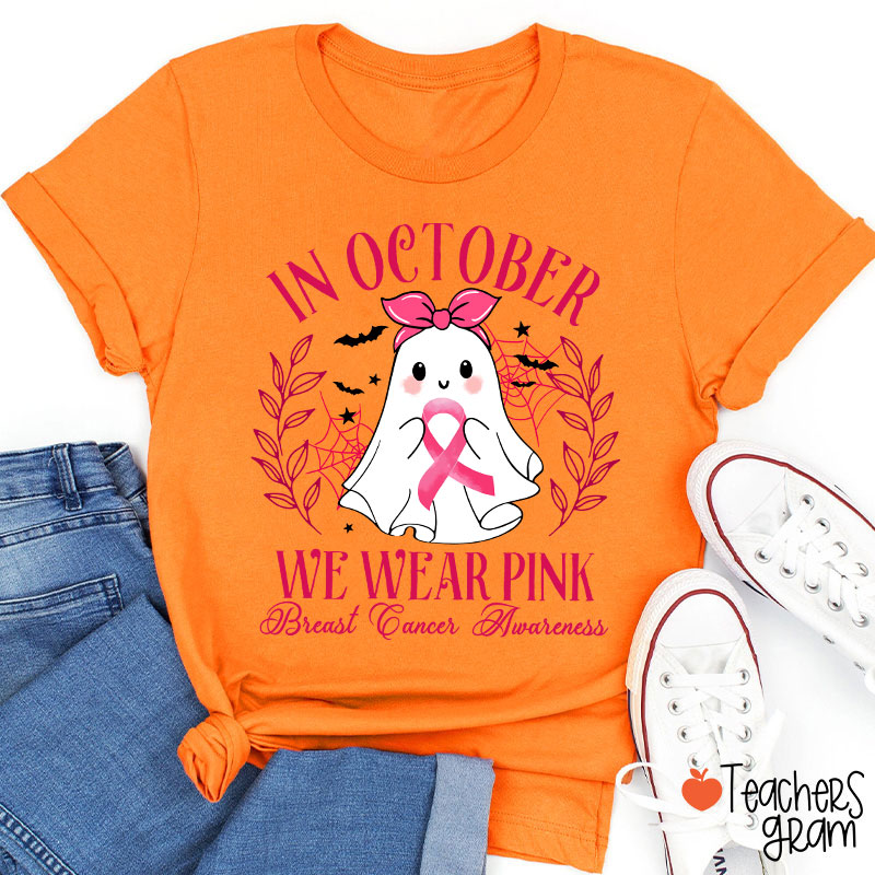 Halloween Ghost Breast Cancer Awareness Teacher T-Shirt