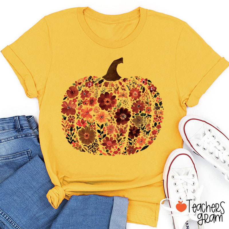 Pumpkin Orange Flowers Grass Teacher T-Shirt
