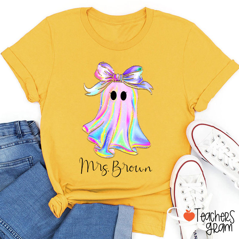 Personalized Name Colorful Neon Bow Ghost Teacher T-Shirt