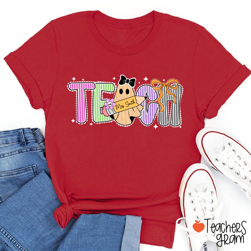 Personalized Name Preppy Teach Boo Ghost Coquette Teacher T-Shirt