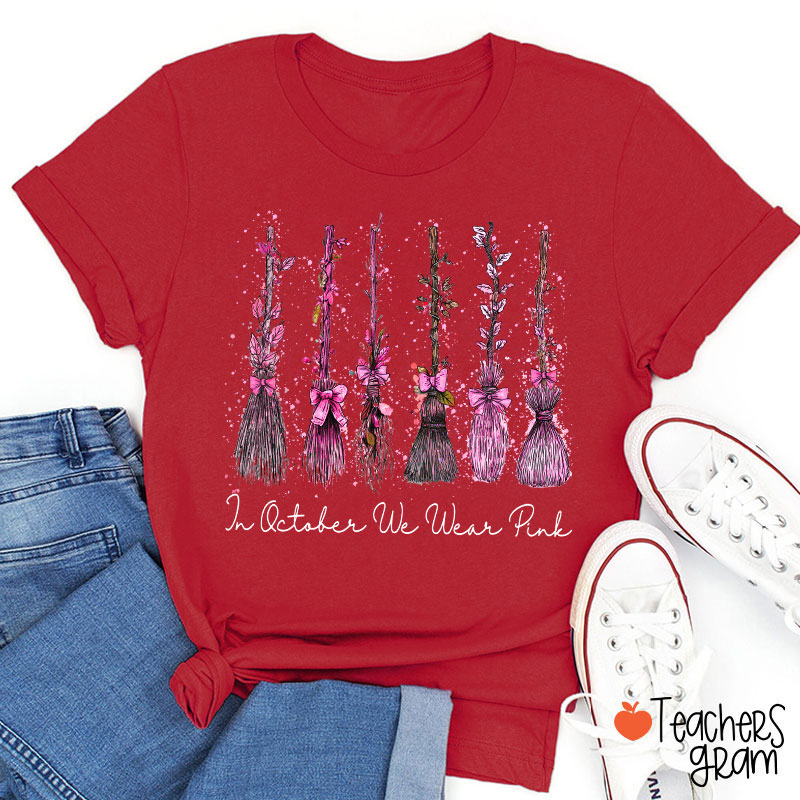 On Wednesday We Wear Pink Witch Broom Teacher T-Shirt