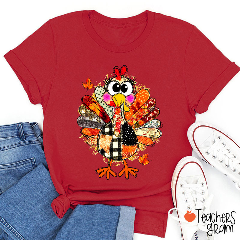 Collage Of Flowers And Thanksgiving Turkey Teacher T-Shirt