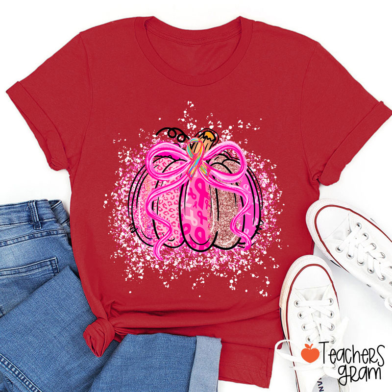 Pumpkin Theme Pink Ribbon Teacher T-Shirt