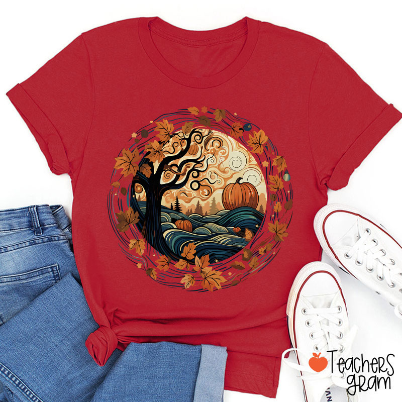 Cottagecore Pumpkins Leaves Trees Fall Vibe Teacher T-Shirt