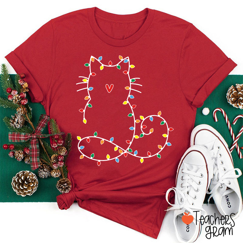 Cute Cat Christmas Lights Teacher T-Shirt