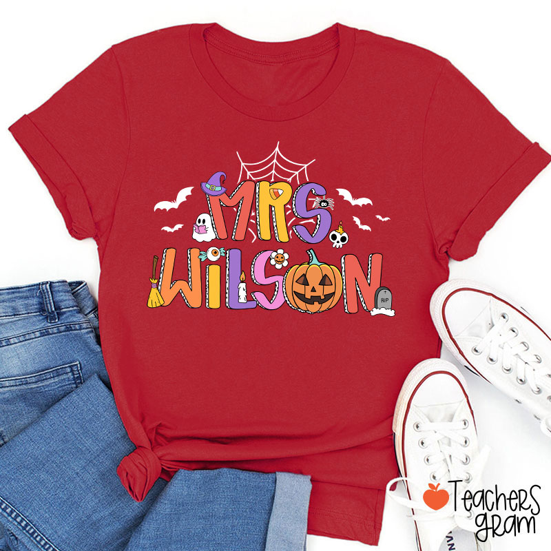 Personalized Name Spider Web Ghost Pumpkin Teacher T-Shirt