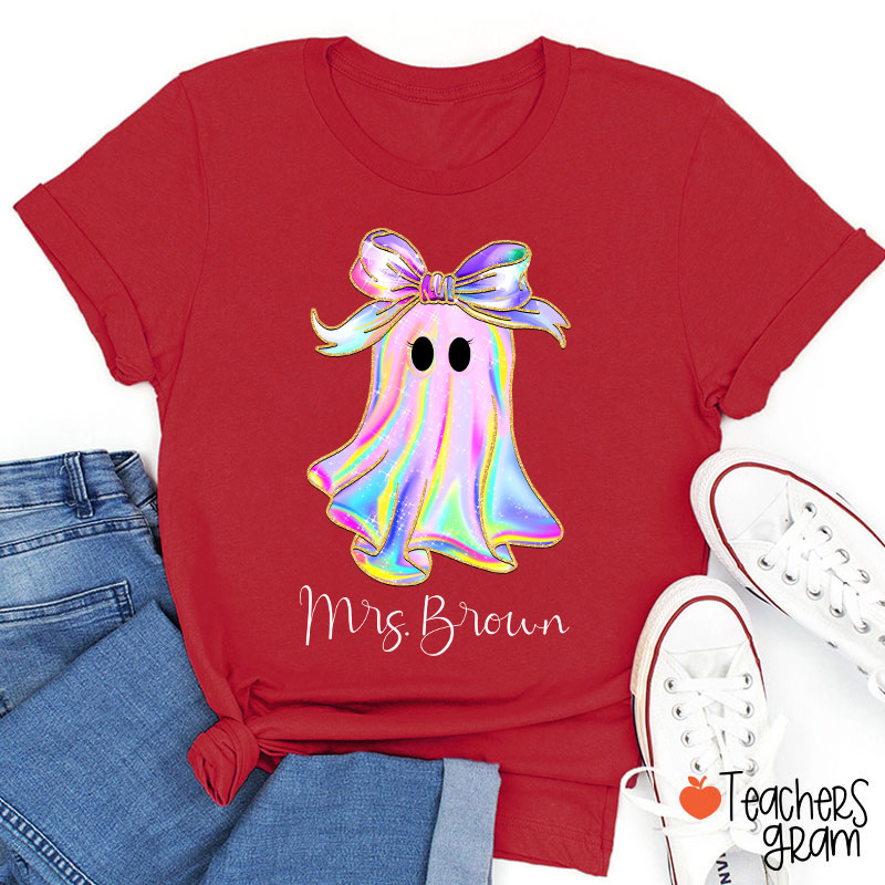 Personalized Name Colorful Neon Bow Ghost Teacher T-Shirt