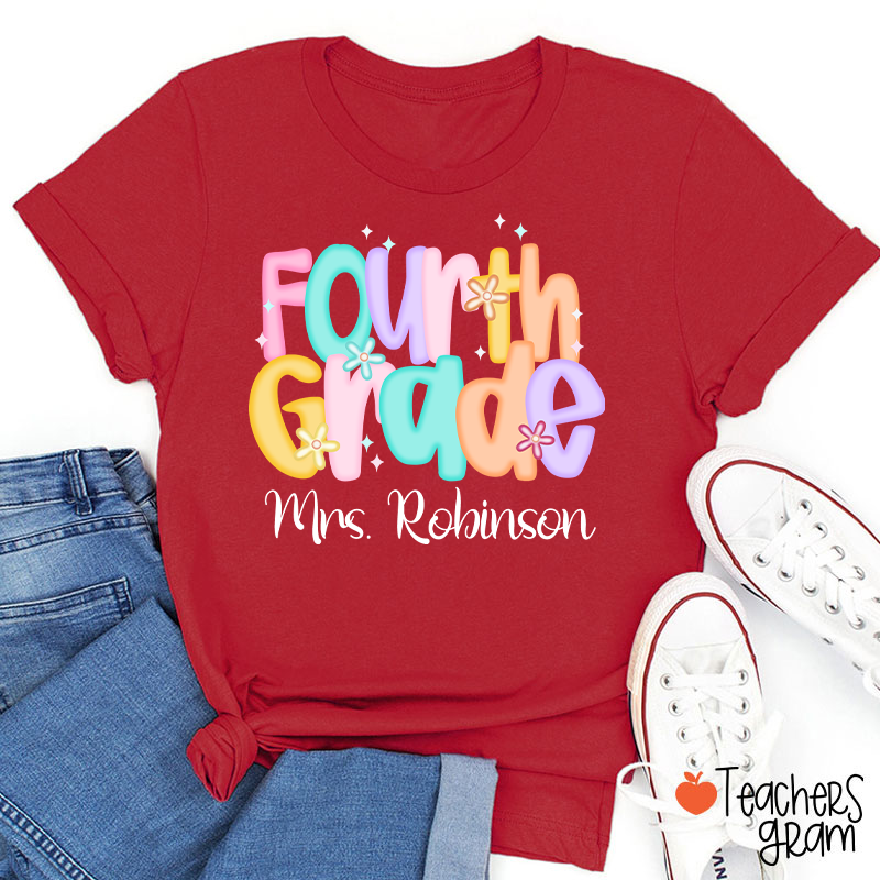 Personalized Name And Grade Candy Font Teacher T-Shirt