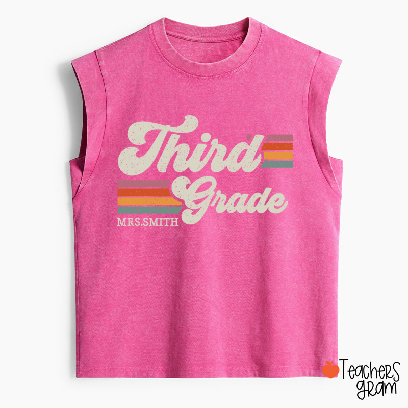Personalized Grade And Name Retro Horizontal Stripes Teacher Washed Tank Top