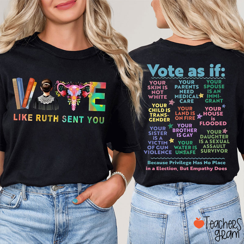 Vote As If Ruth Sent You Teacher Two Sided T-Shirt
