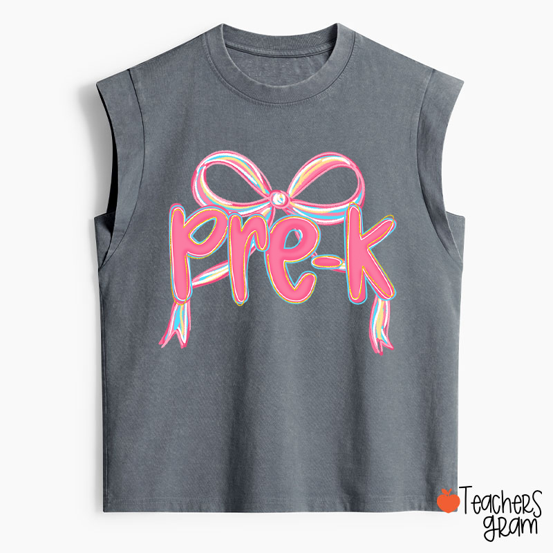 Personalized Grade Pink Bow Teacher Washed Tank Top