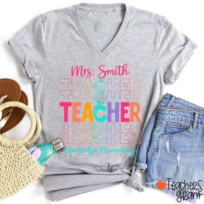 Personalized Colorful Apple Teacher Female V-Neck T-Shirt