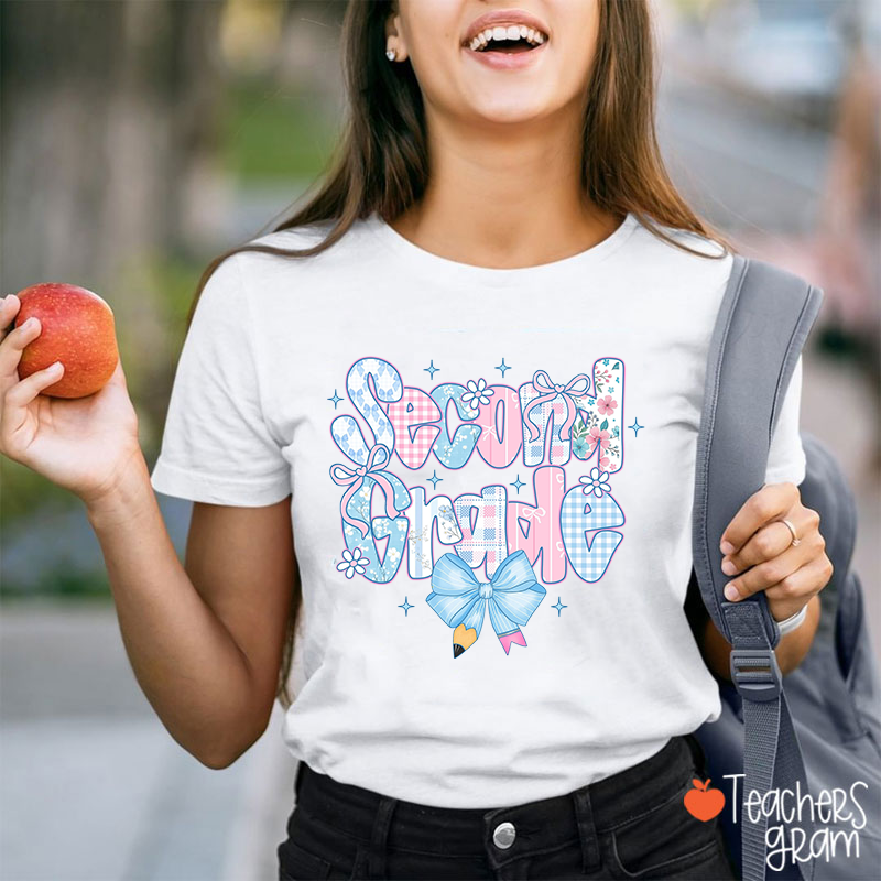 Personalized Grade Blue Bow Pencil Flower Star Teacher T-Shirt