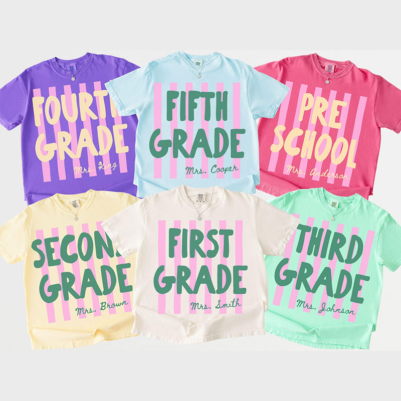 Personalized Grade And Name Pink Stripes Teacher T-Shirt