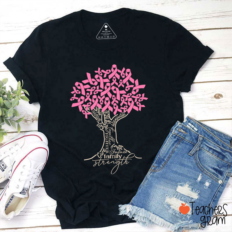 Pink Ribbon Tree Breast Cancer Teacher T-Shirt