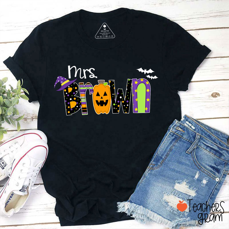 Personalized Name Pumpkin Halloween Teacher T-Shirt