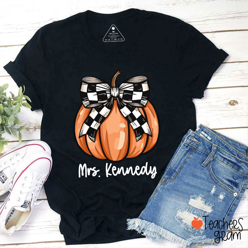 Personalized Name Pumpkin Bow Teacher T-Shirt