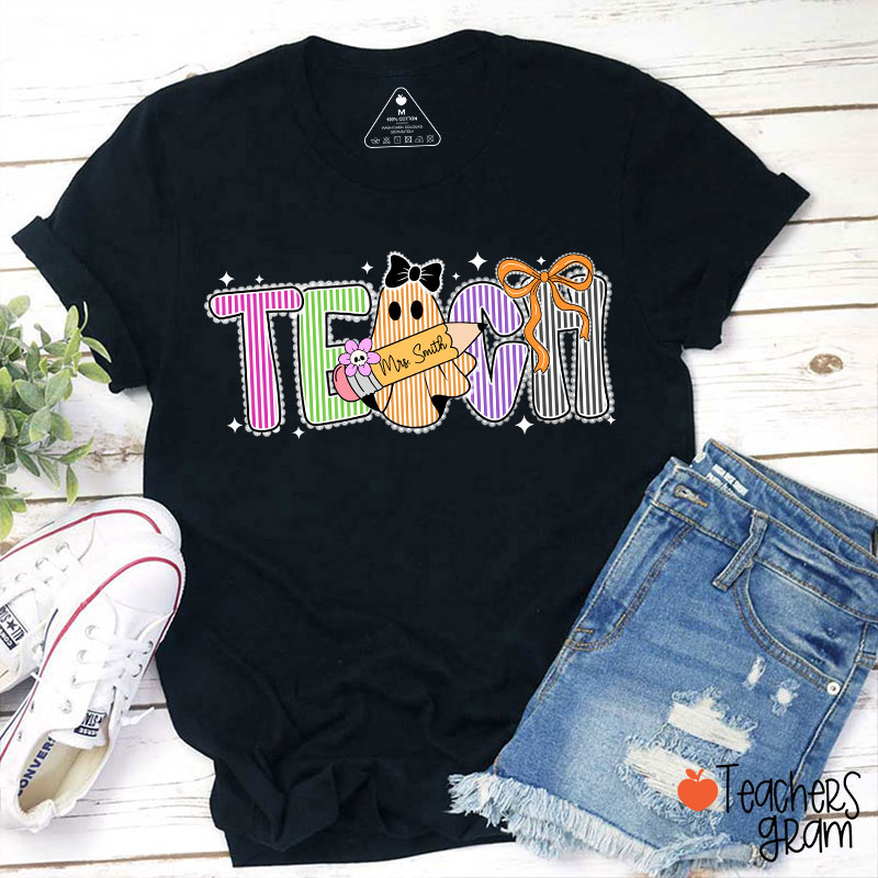Personalized Name Preppy Teach Boo Ghost Coquette Teacher T-Shirt