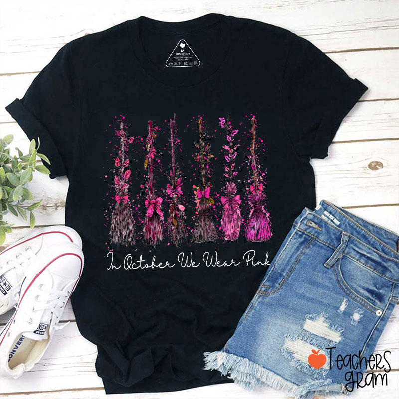 On Wednesday We Wear Pink Witch Broom Teacher T-Shirt