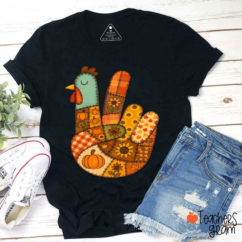 Retro Patchwork Turkey Teacher T-Shirt