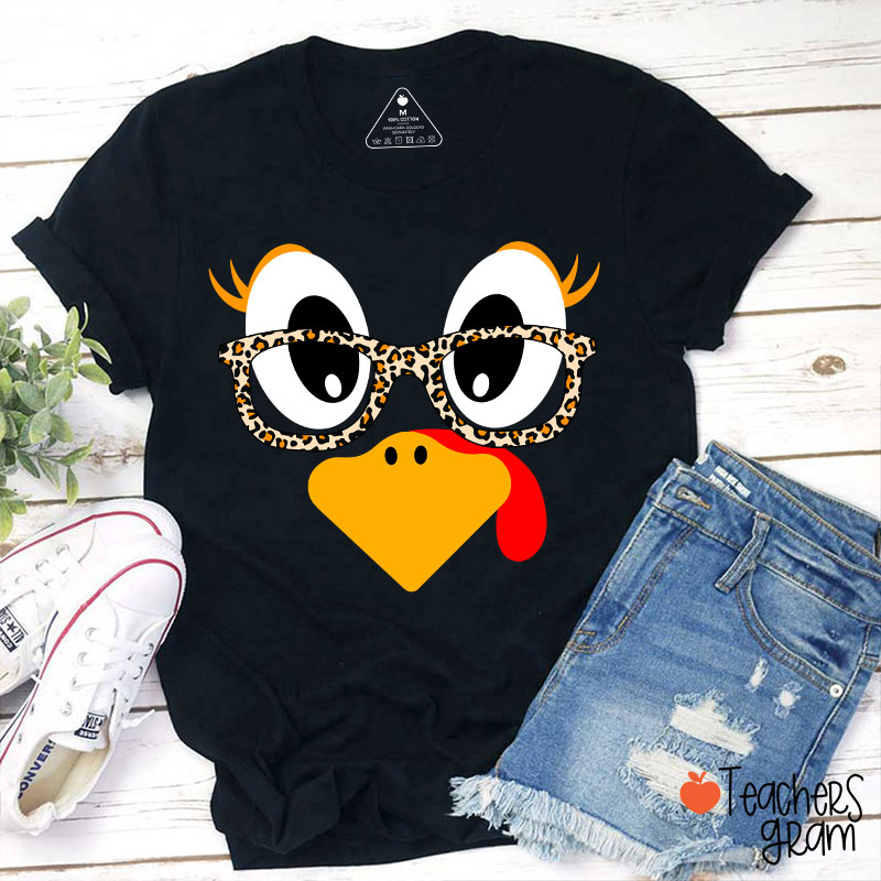 Turkey With Leopard Print Glasses Teacher T-Shirt Sale-Teachersgram