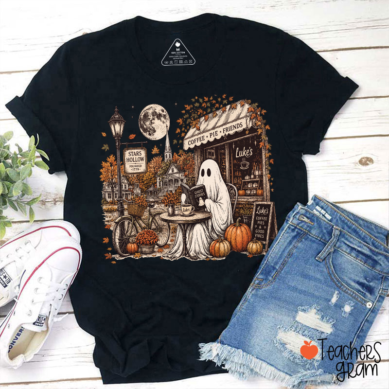 Ghost Reading At Coffee Shop Halloween Teacher T-Shirt