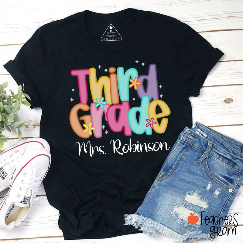Personalized Name And Grade Candy Font Teacher T-Shirt