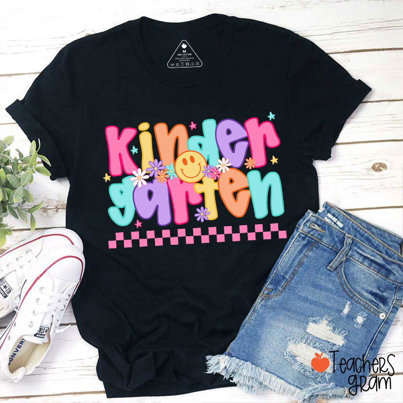 Personalized Grade Candy Color Fonts Checkered Teacher T-Shirt