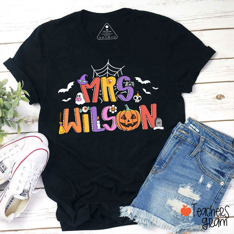 Personalized Name Spider Web Ghost Pumpkin Teacher T-Shirt