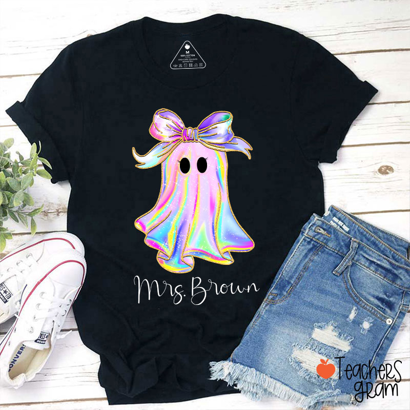 Personalized Name Colorful Neon Bow Ghost Teacher T-Shirt