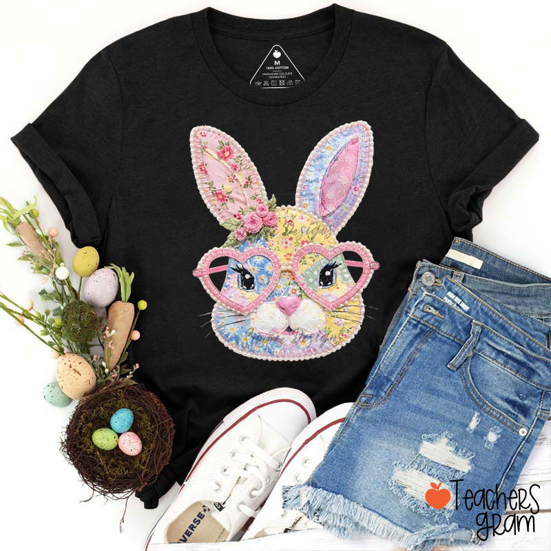 Faux Patchwork Pink Bunny Teacher T-Shirt
