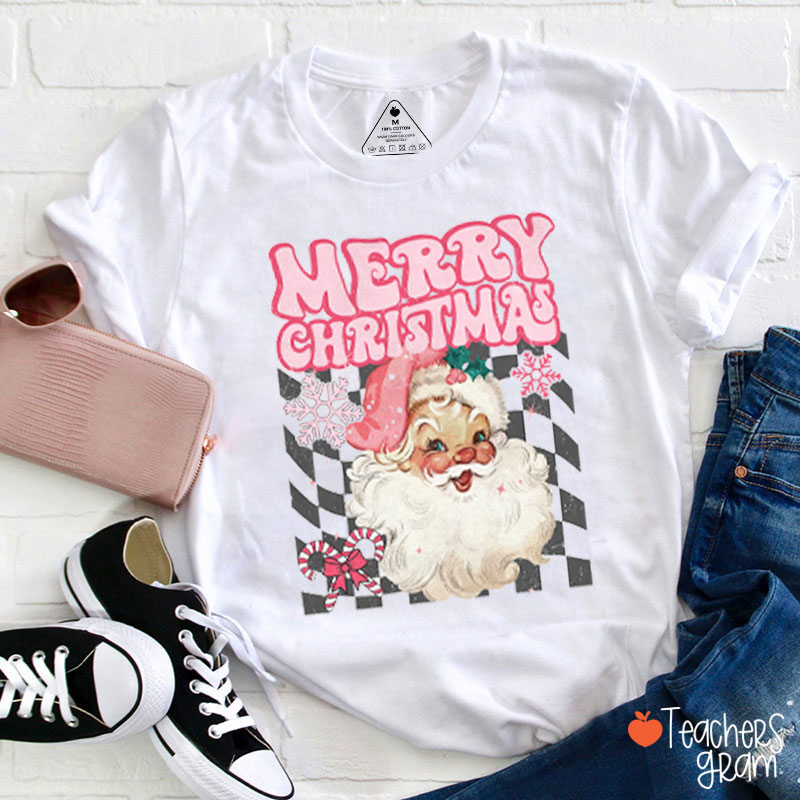 Merry Christmas Pink Santa Teacher T-Shirt