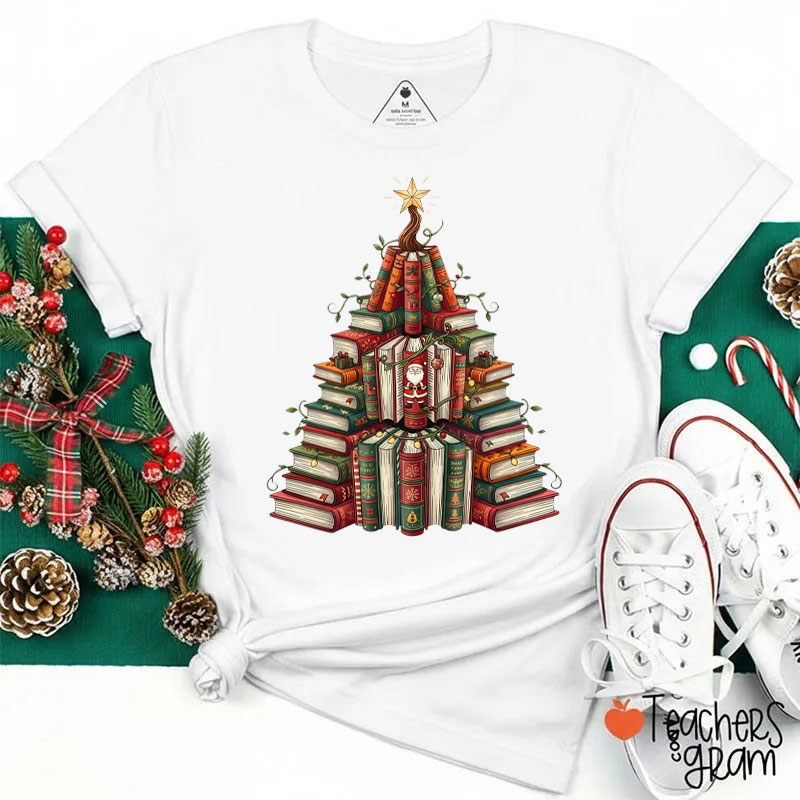 Christmas Book Tree Book Lover Teacher T-Shirt