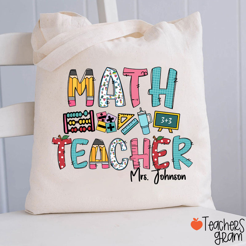 Personalized Math Teacher's Name Cute Math Icon Teacher Tote Bag