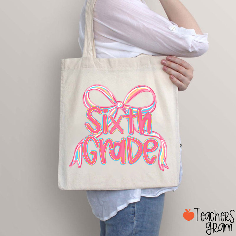 Personalized Grade Pink Bow Teacher Tote Bag