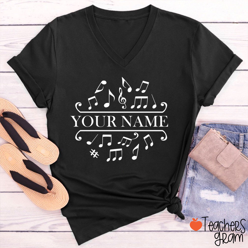 Personalized La La La Music Teacher Female V-Neck T-Shirt
